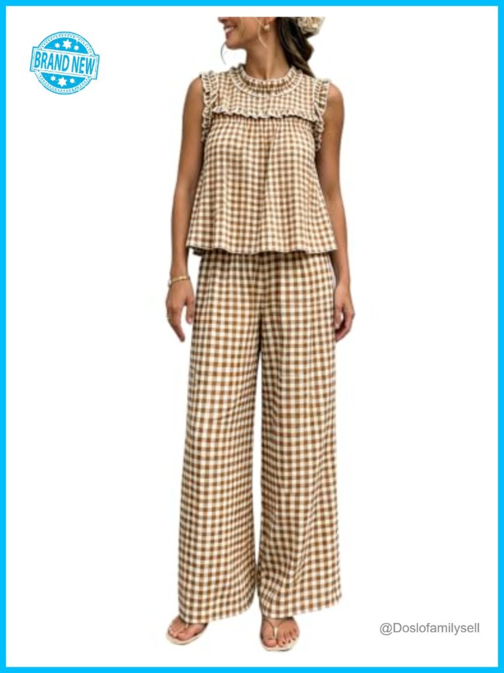 Women's 2 Piece Cotton Gingham Set Sleeveless Crop Top & Long Pants